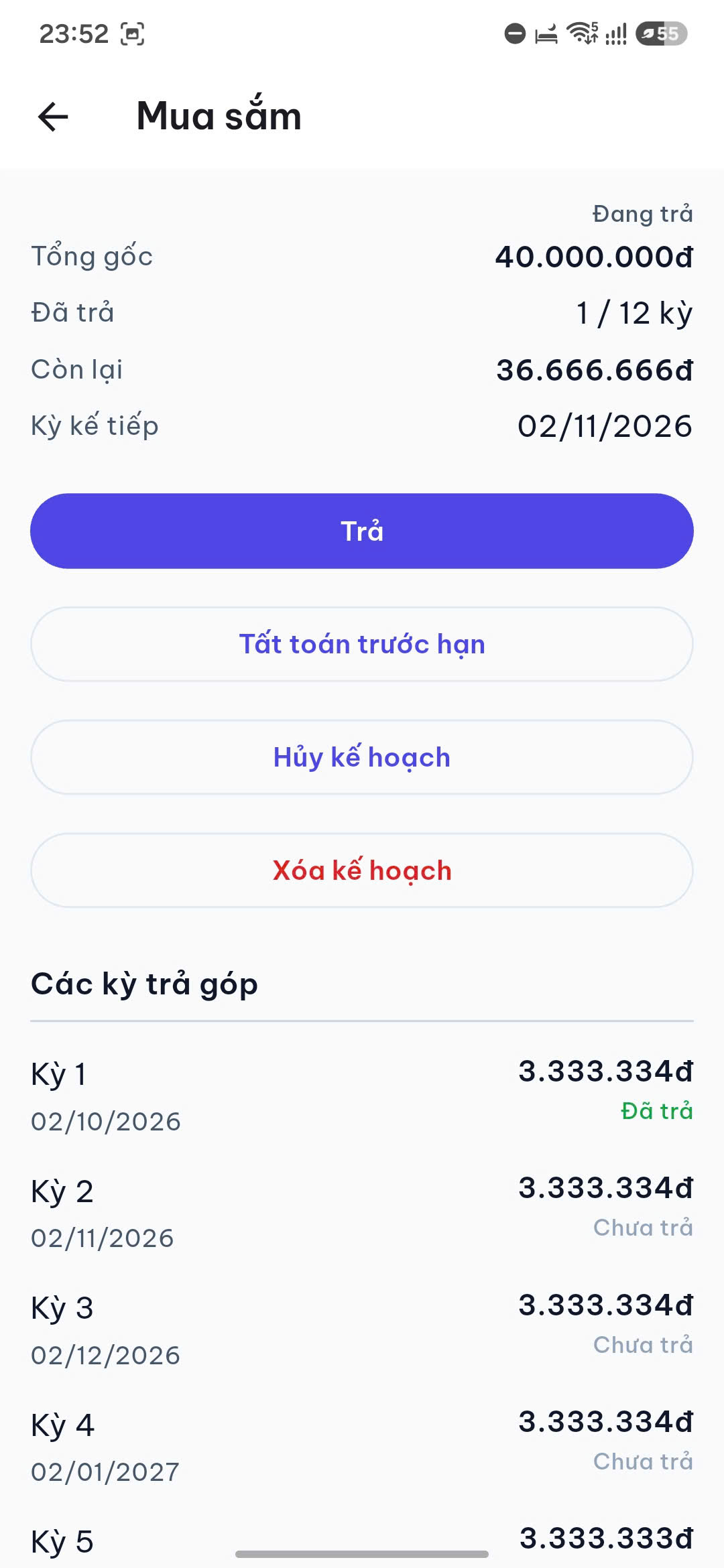 MoneBit Màn hình Quản lý Trả góp chi tiết 12 kỳ