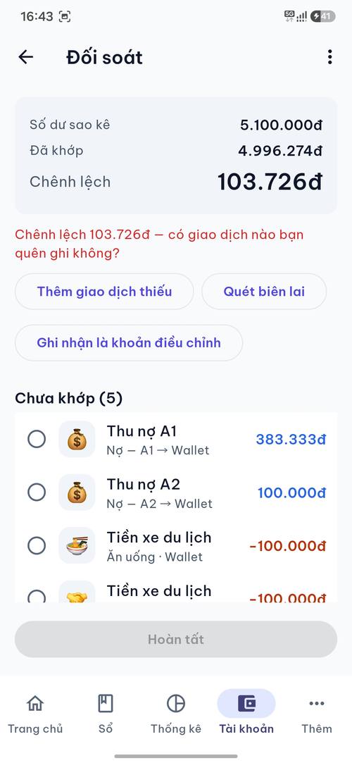 MoneBit Màn đối soát sao kê với số dư sao kê, đã khớp và chênh lệch