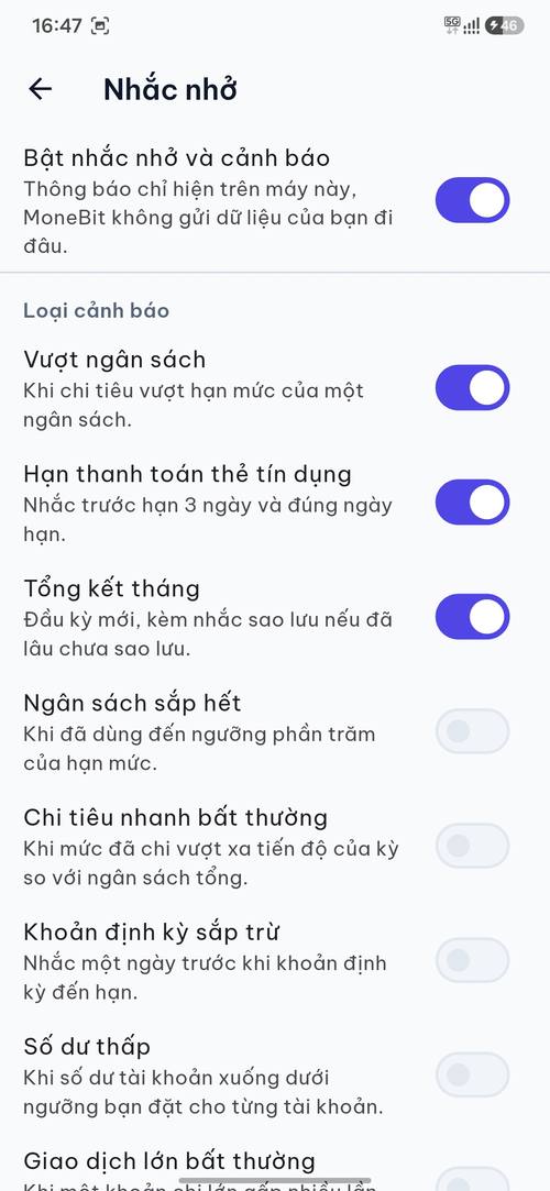 Cài đặt nhắc nhở và cảnh báo