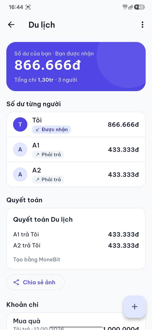 MoneBit Màn hình chia tiền nhóm với số dư từng người và bảng quyết toán